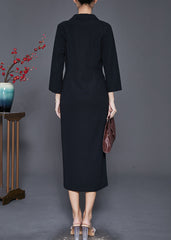 Black Silm Fit Cotton Long Dresses Notched Collar Fall