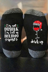 Christmas Santa Hat Red Wine Glass Letter Print Crew Socks