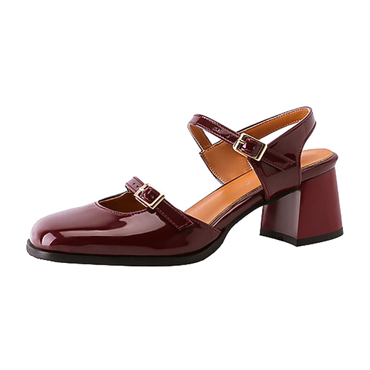 Patent Leather Straps Slingback Square Toe Chunky Heels