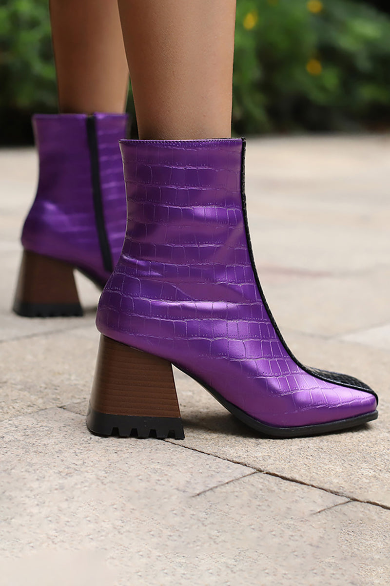 Color Block Side Zipper Square Toe Elegant Chunky Heels Ankle Boots