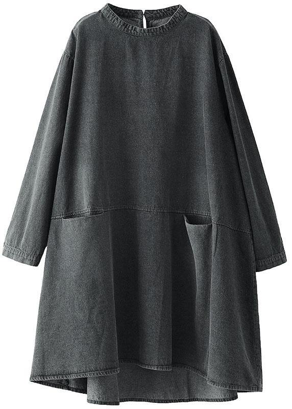 Boho Black Grey O-Neck Pockets Denim Long Dresses Long Sleeve