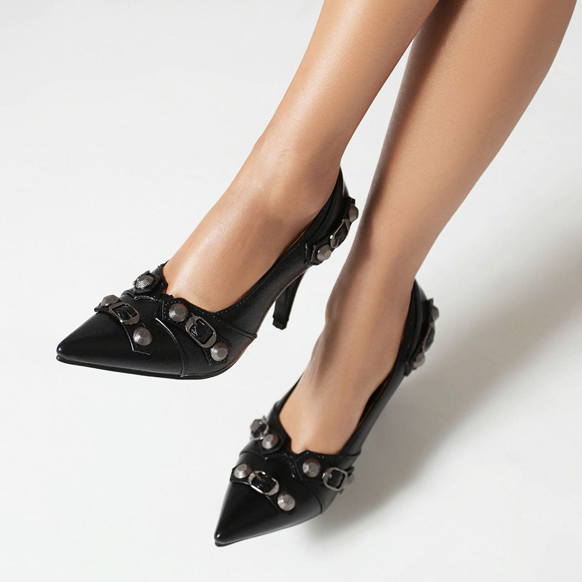 Metallic Buckle Rivet Pointy Toe Slip-On Chic Stilettos