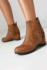 Leopard Print Patchwork Seam Retro Wedge Ankle Boots