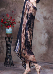 Modern Coffee O-Neck Print Silk Long Dress Gown Batwing Sleeve