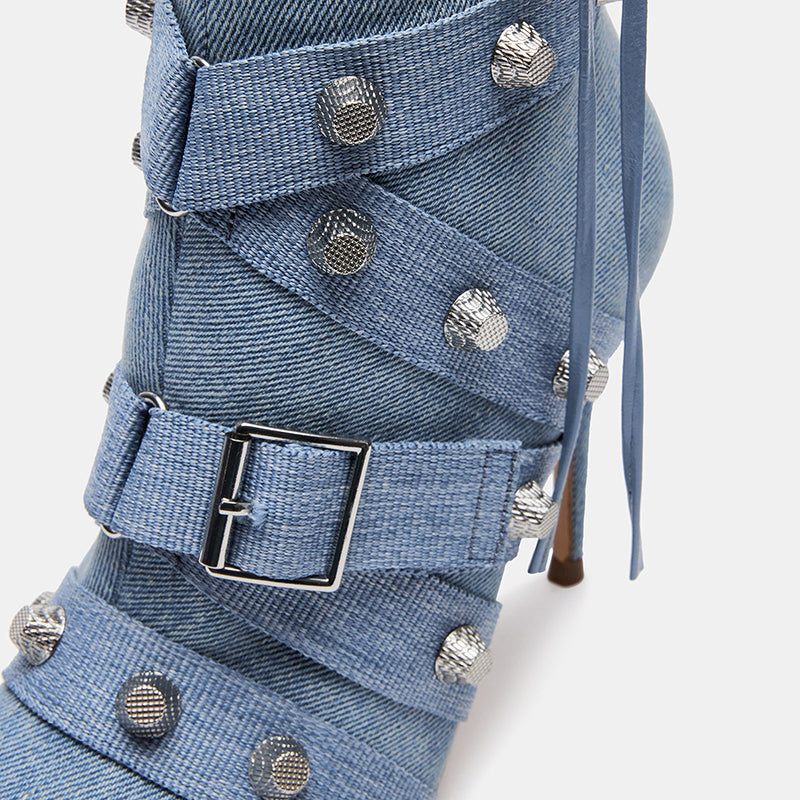 Blue Studded Strappy Buckled Stiletto Heel Knee-High Denim Boots