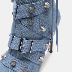 Blue Studded Strappy Buckled Stiletto Heel Knee-High Denim Boots