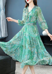 Green Print Patchwork Silk Dress Ruffled Lantern Sleeve