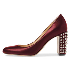 Maroon Almond Toe Studs Chunky Heels Pumps