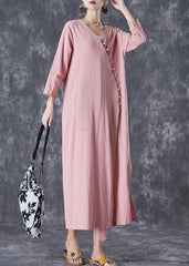 Art Pink Embroideried Button Linen Dresses Fall