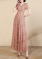 Beautiful Pink Print High Waist Chiffon Maxi Dresses Summer