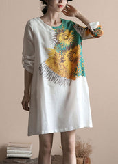 Italian White O Neck Print Patchwork Linen Dresses Spring