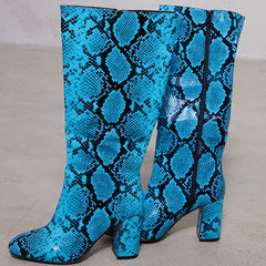 Women's Blue Snakeskin Boot Heels Vintage Block Heel Knee High Boots