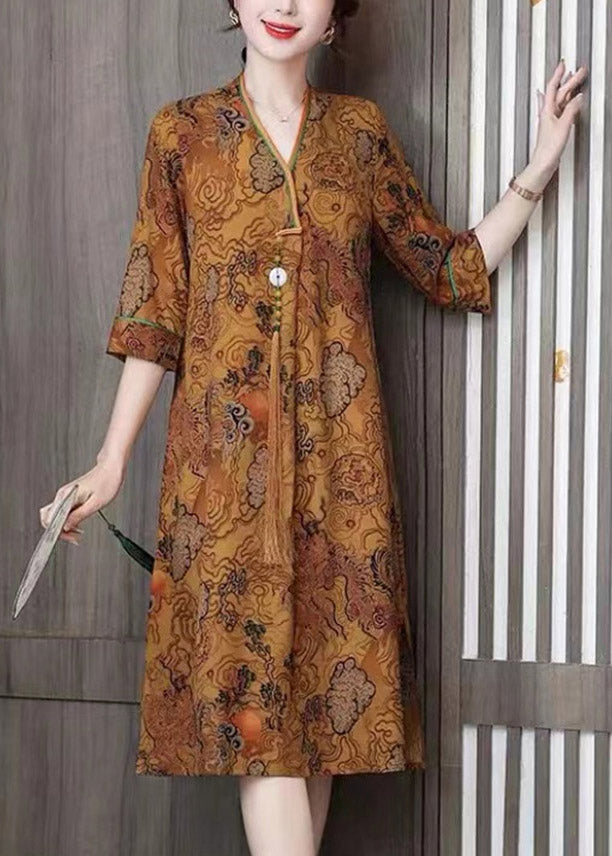 Loose V Neck Print Side Open Silk Maxi Dresses Half Sleeve