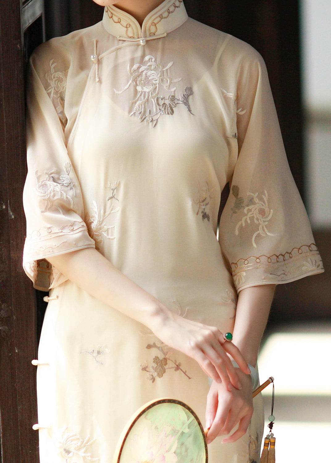 Chinese Style Beige Stand Collar Embroideried Patchwork Silk Dress Fall