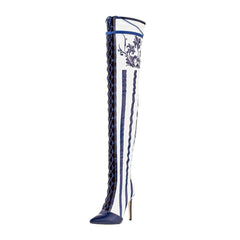 white and Navy Stripes Floral Thigh High Lace Up Boots