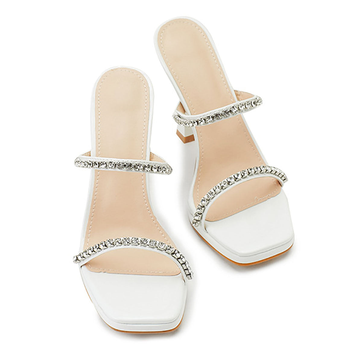 Rhinestone Straps Square Toe High Heel Slip On Sandals