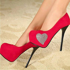 Women's Red Platform Heels Crystal Heart Vegan Suede Stiletto Heels Pumps