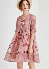 Vintage Pink Hollow Out Embroideried Summer Mid Dress Half Sleeve