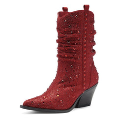 Dark Red Rhinestone Mid Calf Western Boots