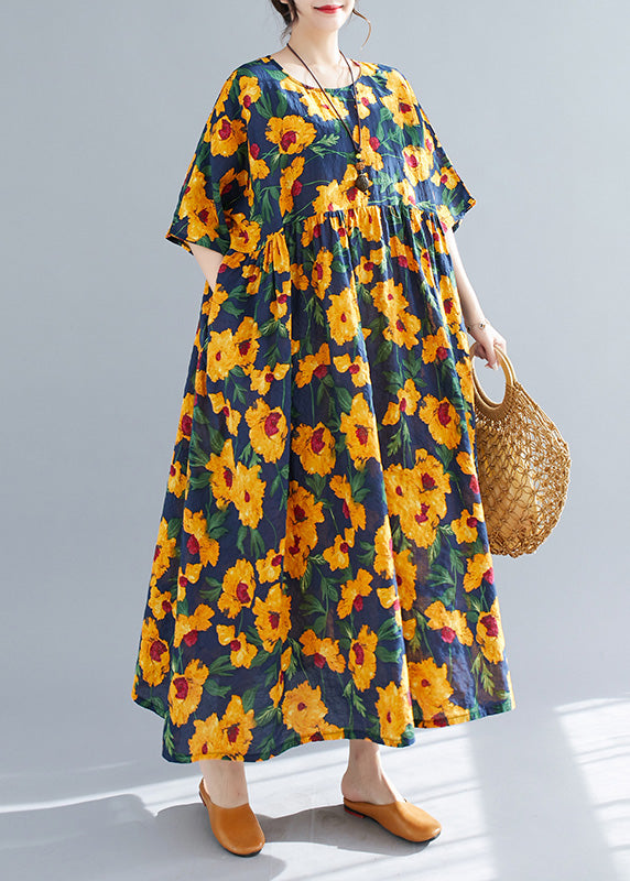 French Yellow O-Neck Print Cotton Long Dresses Short Sleeve