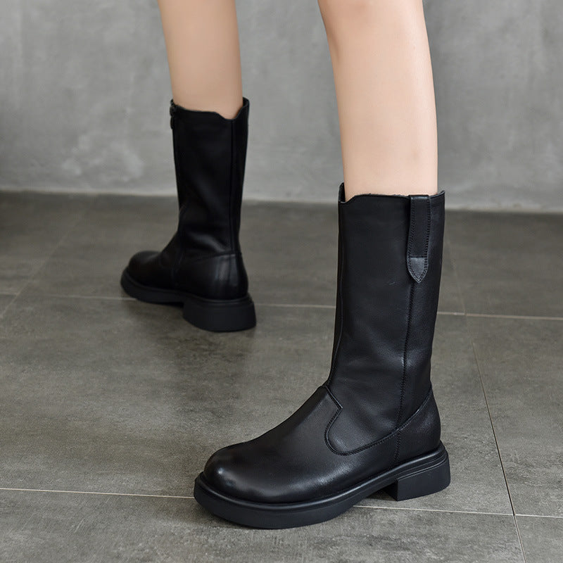 Classic Leather Side Zipper Knight Boots