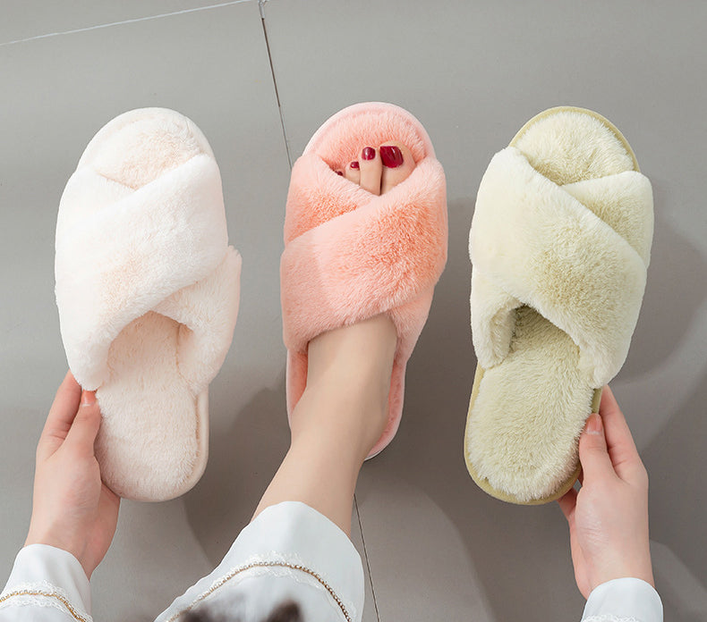 Simple Cross Flat Plush Slippers