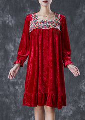 Red Silk Velour Holiday Dress Square Collar Embroideried Fall