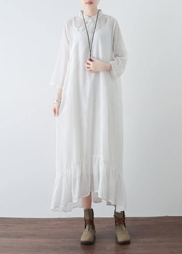 Handmade white chiffon dresses Fitted Tutorials stand collar Cinched Plus Size Clothing Summer Dresses