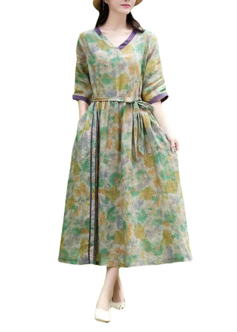 Green Print Pockets Patchwork Linen Dress Tie Waist Summer