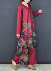 Loose Red Asymmetrical Print Silk Dress And Wide Leg Pants Two Pieces Set