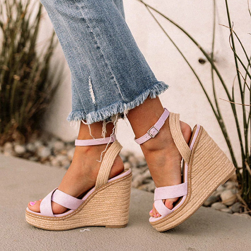 Pink Ankle Strap Buckle Sandals Open Toe Wedge Heels Platform Shoes