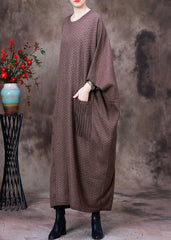 Women Light Coffee O-Neck Button Pockets Cashmere Maxi Dress Long Sleeve