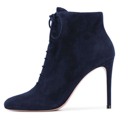 Navy Vegan Suede Stiletto Heel Lace Up Boots