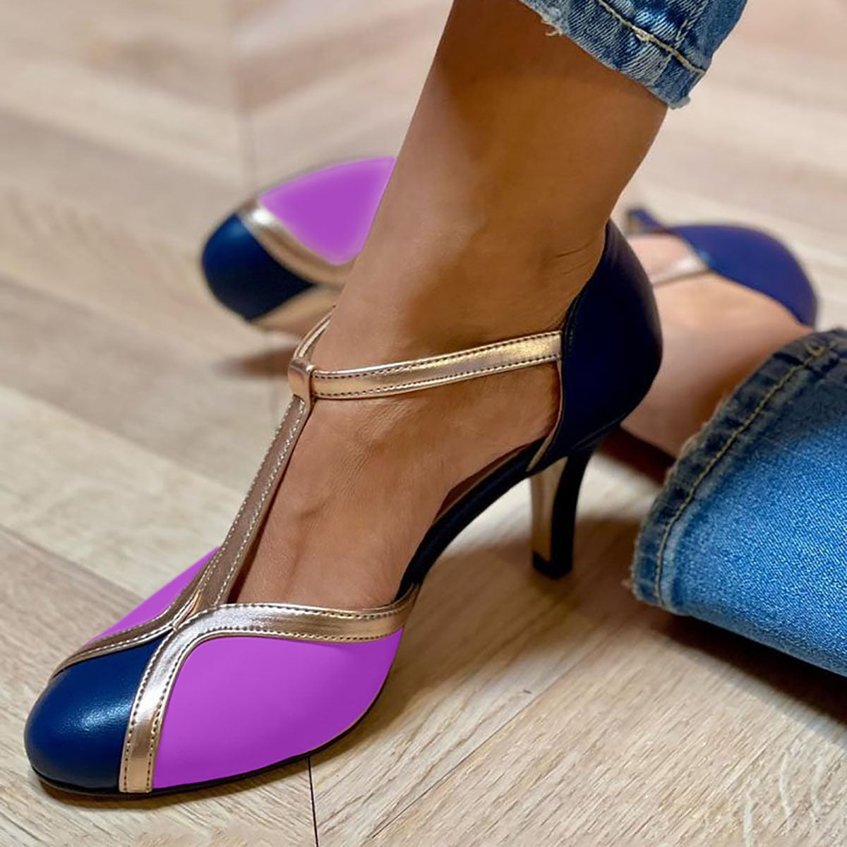 Color Block Closed Round Toe T-Strap Stiletto Heels