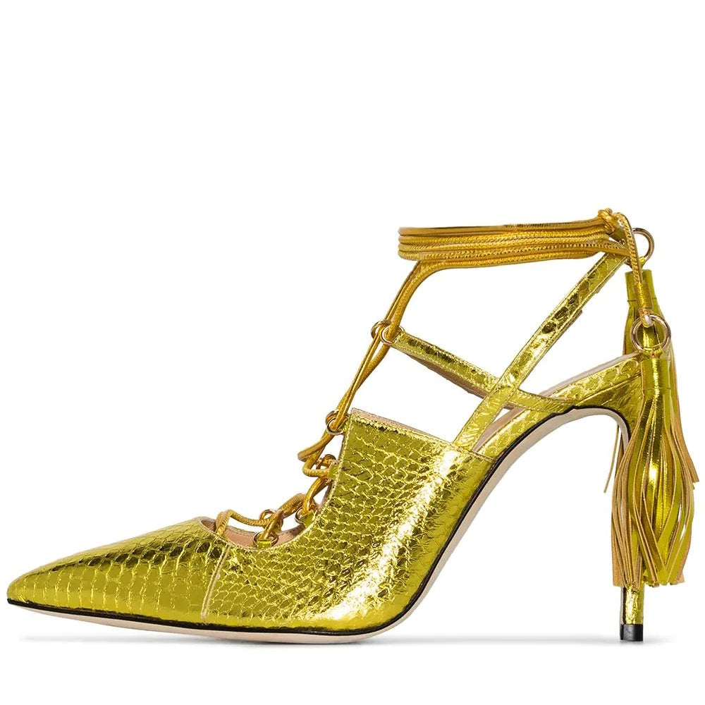 Gold Pointy Toe Strappy Heels Python Fringe Stiletto Heel Pumps