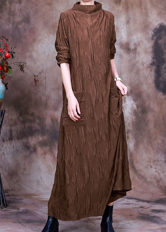 Natural Coffee Turtle Neck Pockets Silk Dress