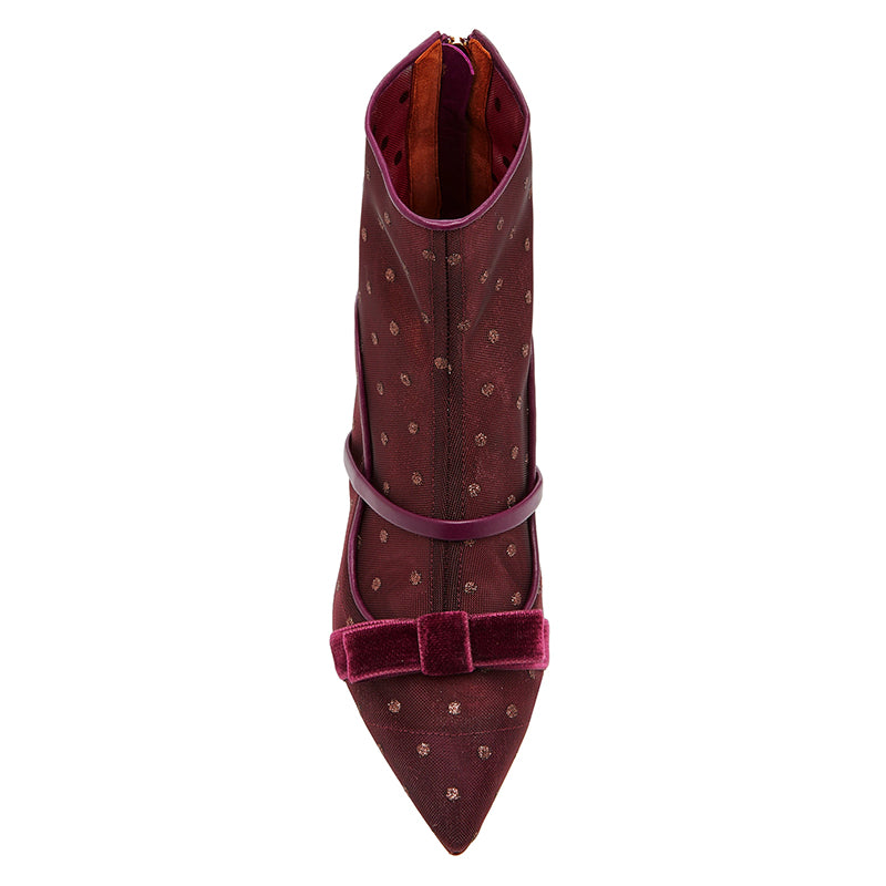 Maroon Mesh Dots Bow Kitten Heel Boots