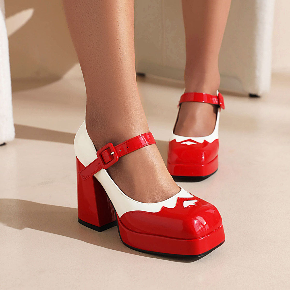 Color Block Buckle Strap Chunky High Heels Chic Pumps