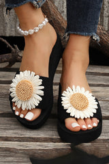 Chrysanthemum Decor Platform Wedge Peep Toe Slippers