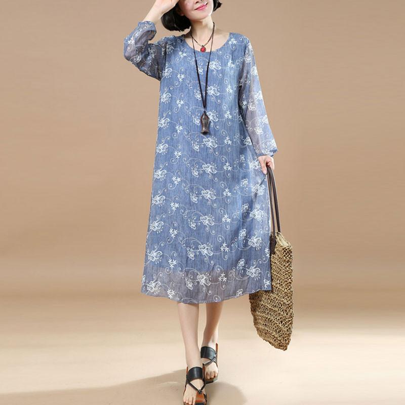 Classy Tunic Fine Women Summer Printing Loose Blue Dress