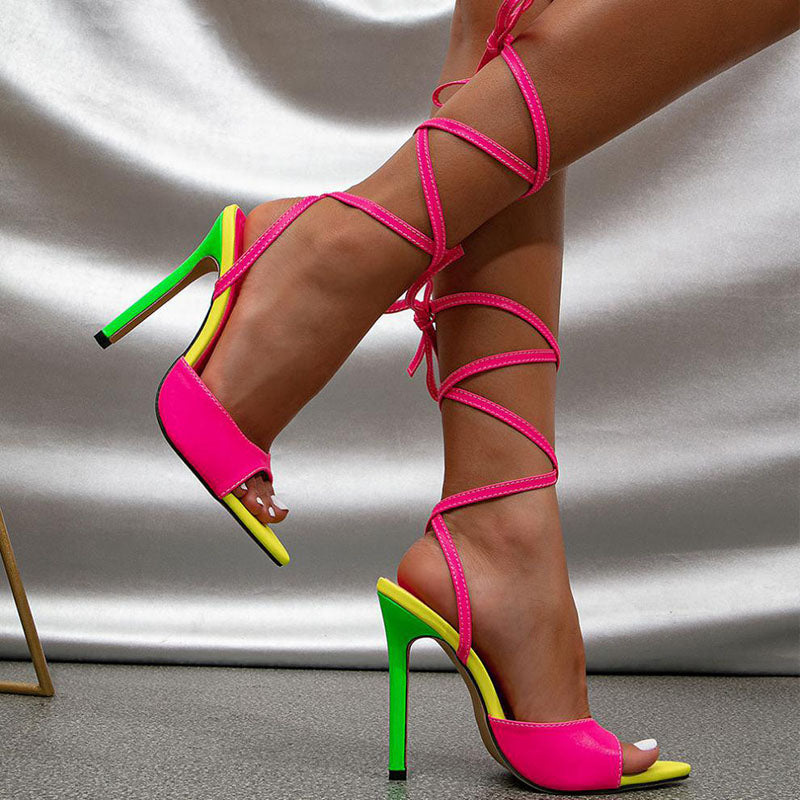 Strappy Color Block Sandals Pointed Peep-Toe Stilettos