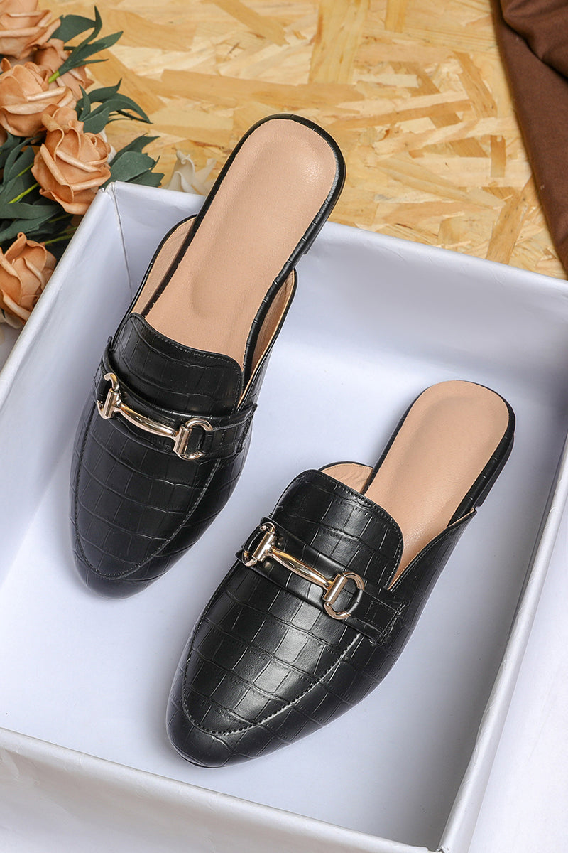 Metallic Buckle Crocodile Pattern Print Round Toe Slip On Mules