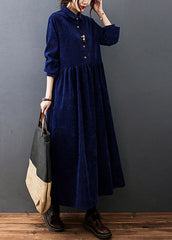 Style Navy Peter Pan Collar Button Corduroy Long Dress