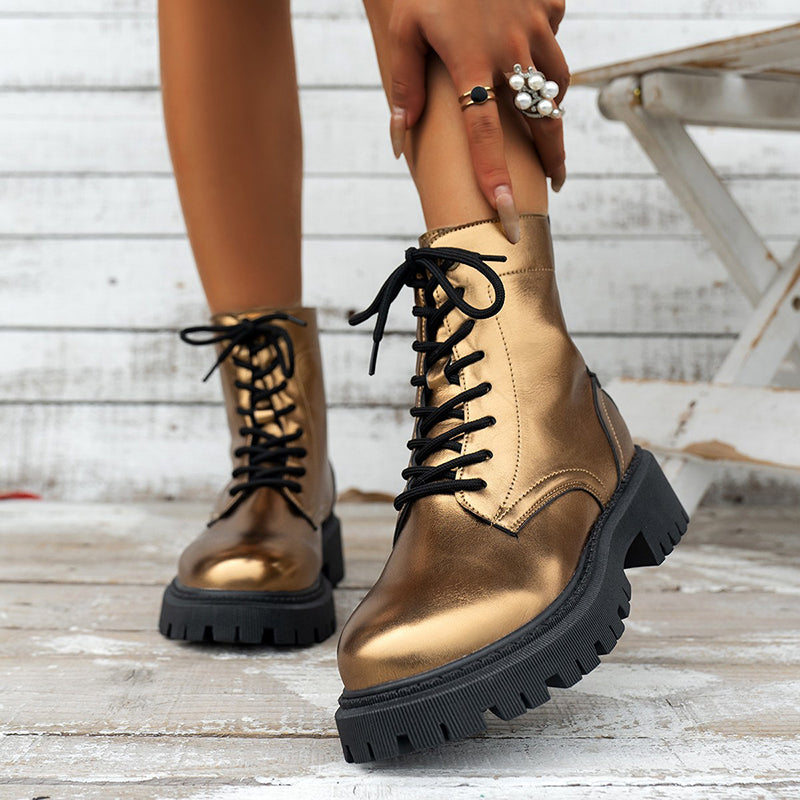 Metallic Sheen Patchwork Round Toe Lace Up Martin Boots