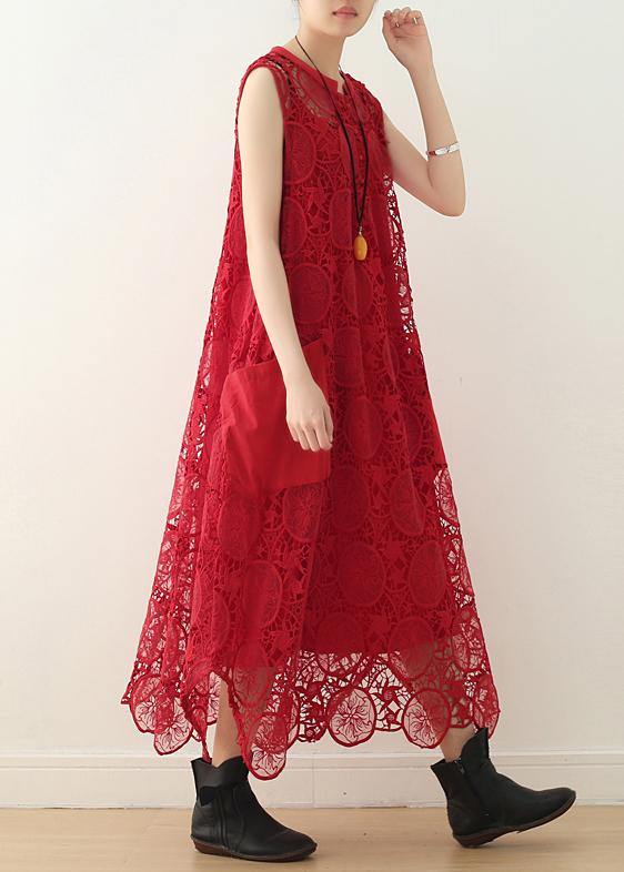 Handmade red hollow out cotton Tunics big pockets summer Dresses