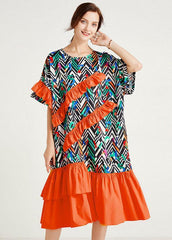 Elegant Orange Print Loose Ruffles Summer Long Dresses