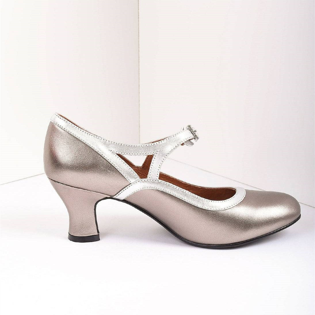 Champange Royal Vintage Metallic Mary Jane Heels Chunky Heel Pumps