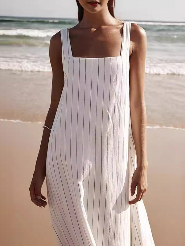 Striped A-Line Loose Square-Neck Maxi Dresses