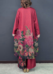 Loose Red Asymmetrical Print Silk Dress And Wide Leg Pants Two Pieces Set