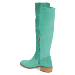 Cyan Vegan Suede Low Block Heel Studs Knee High Boots